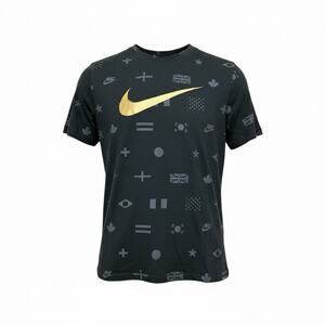 Nike Mens Swoosh International Flags World Cup Tee Shirt Black Gold Logo XL